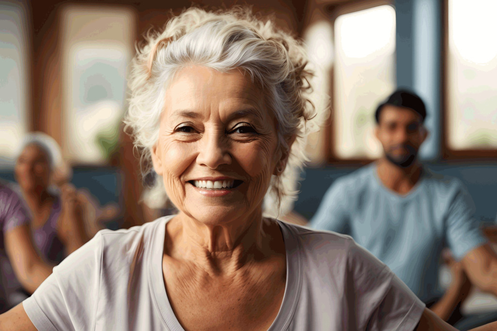 A happy senior woman receives classes in a fitness session, promoting active aging and well-being through the Fit After 50 program.